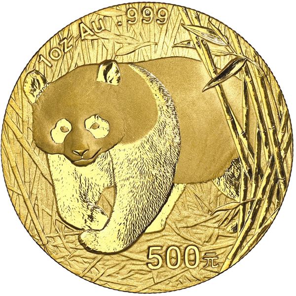 China (People's Republic), gold 500 yuan (1 oz) Panda, 2002, frosted bamboo (Shenzen Guobao mint), N