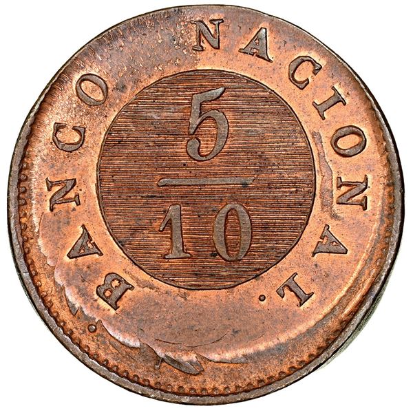 Buenos Aires, Argentina, copper 5 decimos, 1827, coin axis, struck 10% off-center over a 1 decimo of