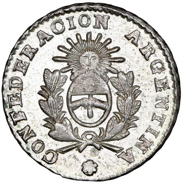 La Rioja, Argentina, 1/2 real, 1854 B, CRED. PUB. variety, NGC MS 66, finest known in the NGC census