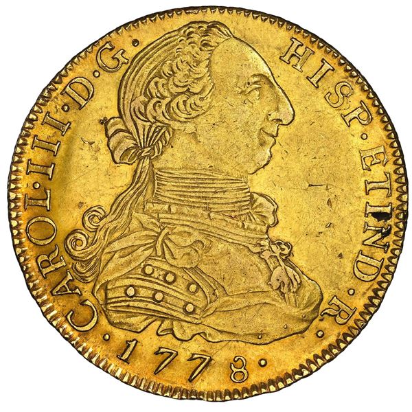 Potosi, Bolivia, gold bust 8 escudos, Charles III, 1778 PR, very rare, NGC AU 58, finest known in NG