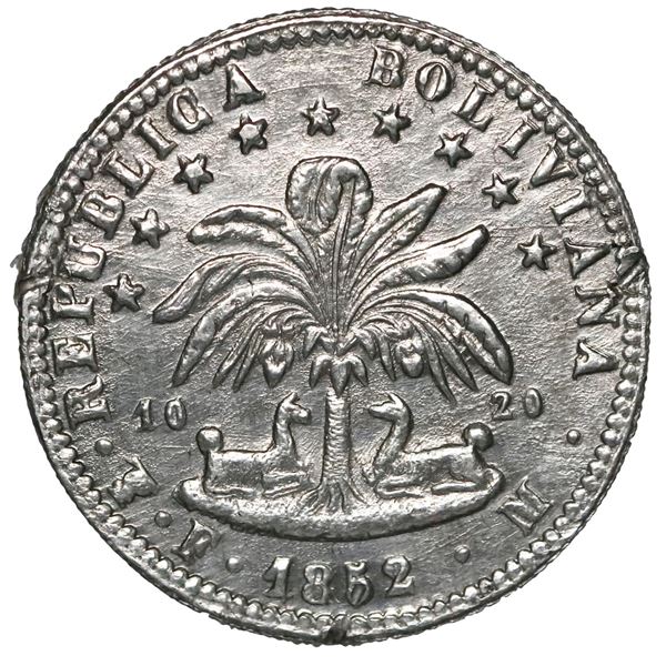 Potosi, Bolivia, tin uniface reverse trial 1 sol, 1852 FM, very rare.