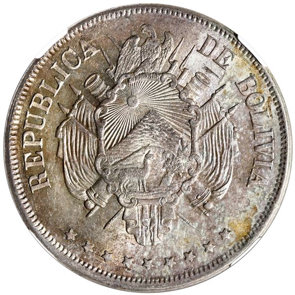 Potosi, Bolivia, 1 boliviano, 1872 FE, elaborate shield variety, NGC MS 63.