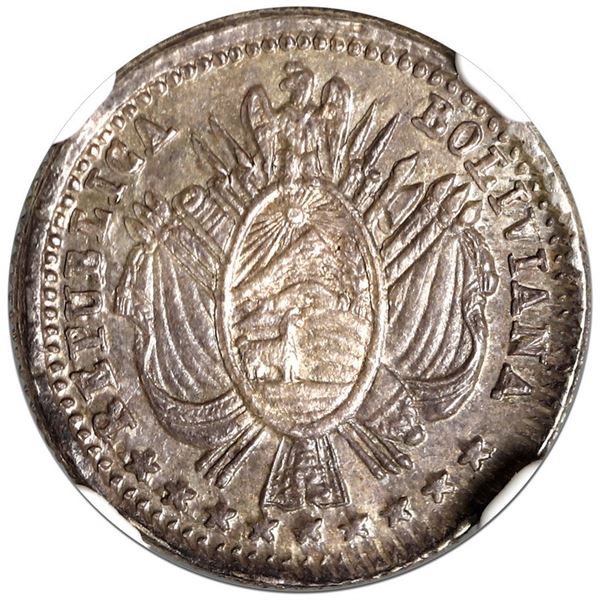Potosi, Bolivia, piefort pattern 1/20 boliviano, 1865/4 FP, very rare, NGC MS 65.
