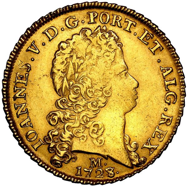 Brazil (Minas mint), gold 12800 reis, Joao V, 1728/7-M, NGC MS 61, finest known in NGC census.