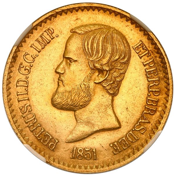 Brazil, gold 20000 reis, Pedro II, 1851, small bust, NGC MS 62.