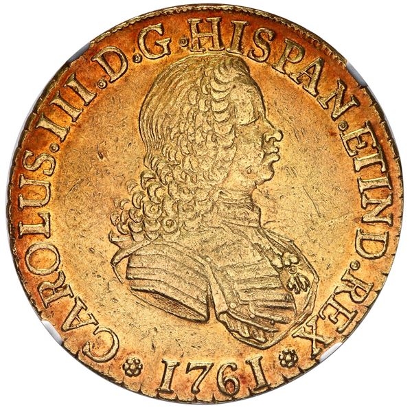 Santiago, Chile, gold bust 8 escudos, Charles III, 1761 J, NGC AU 53.