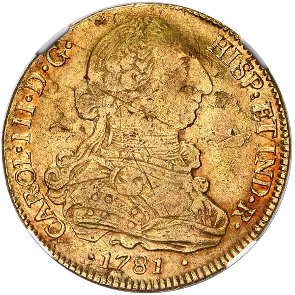 Santiago, Chile, gold bust 8 escudos, Charles III, 1781 DA, NGC AU 50.