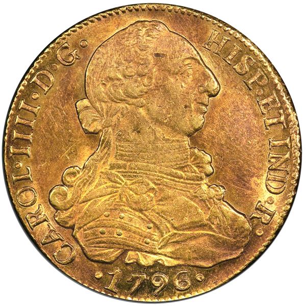 Santiago, Chile, gold bust 8 escudos, Charles IV (bust of Charles III), 1796 DA, PCGS AU58.