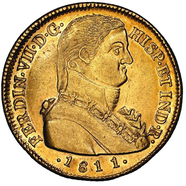 Santiago, Chile, gold bust 8 escudos, Ferdinand VII transitional ("admiral" bust), 1811 FJ, NGC AU d