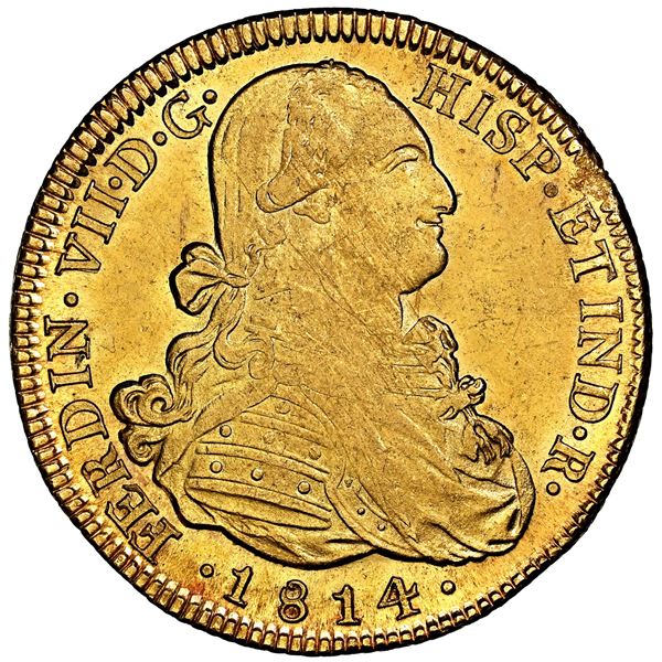 Santiago, Chile, gold bust 8 escudos, Ferdinand VII (bust of Charles IV), 1814 FJ, NGC MS 64+, fines