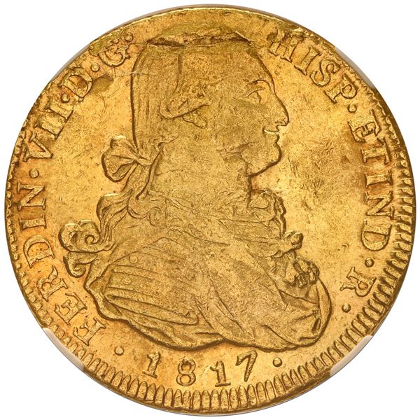 Santiago, Chile, gold bust 8 escudos, Ferdinand VII (bust of Charles IV), 1817 FJ, NGC AU 53.