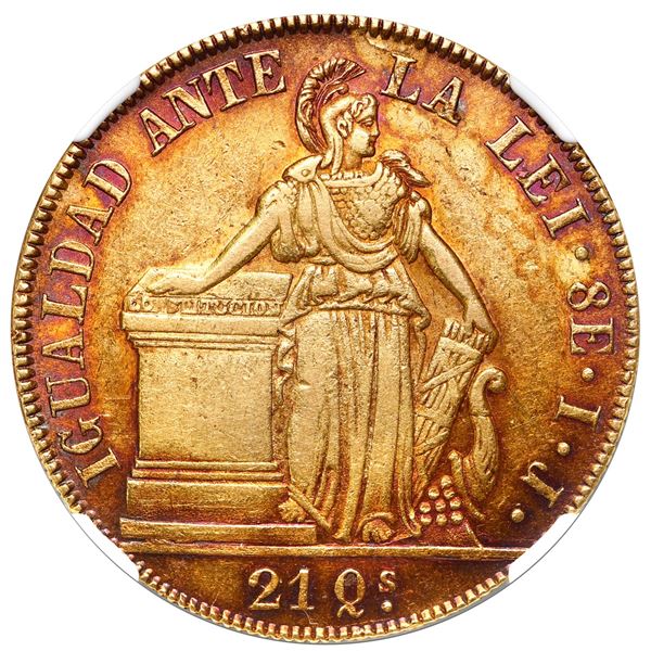 Santiago, Chile, gold 8 escudos, 1841 IJ, NGC AU 58.