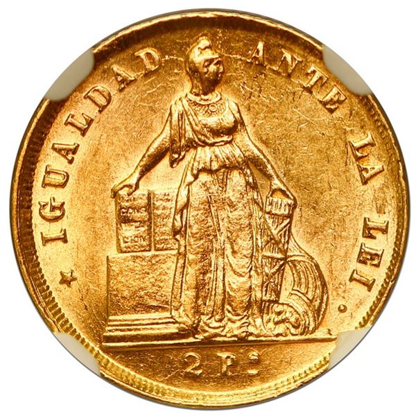 Santiago, Chile, gold 2 pesos, 1874, NGC MS 62, ex-Barros Franco.