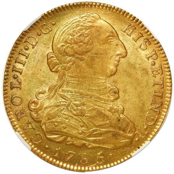 Bogota, Colombia, gold bust 8 escudos, Charles III, 1785 J.J, NGC AU 58.