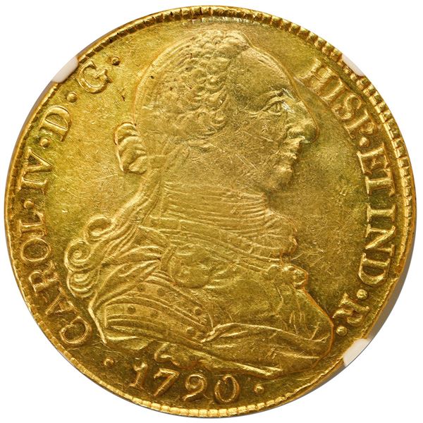 Popayan, Colombia, gold bust 8 escudos, Charles IV transitional (bust of Charles III, ordinal IV), 1