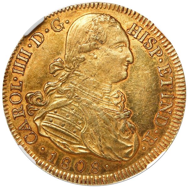 Bogota, Colombia, gold bust 8 escudos, Charles IV, 1808 JF, no dot between IN and the mintmark, NGC