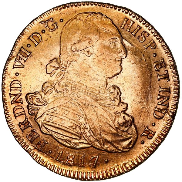 Popayan, Colombia, gold bust 8 escudos, Ferdinand VII (bust of Charles IV), 1817 F.M.