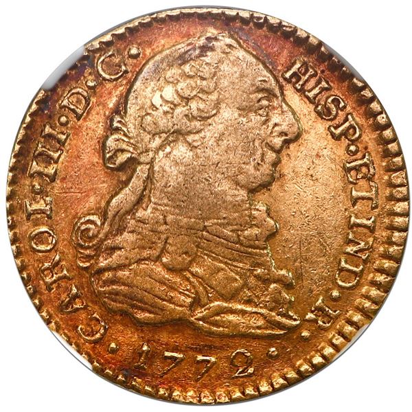Popayan, Colombia, gold bust 1 escudo, Charles III, 1772 JS, NGC AU 50.