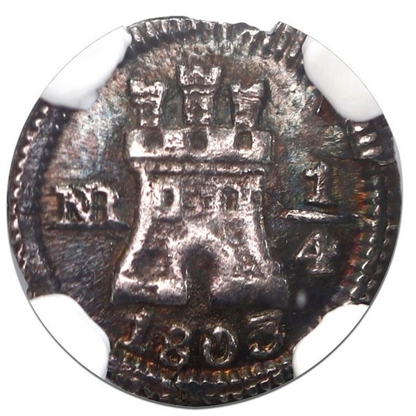 Bogota, Colombia, 1/4 real, 1803/2, NGC AU 58, finest known in NGC census.