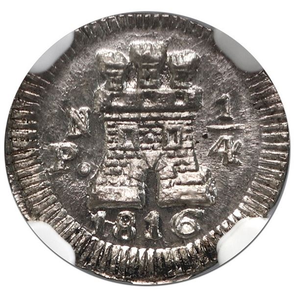 Popayan, Colombia, 1/4 real, 1816, wide reeded border, NGC MS 64.