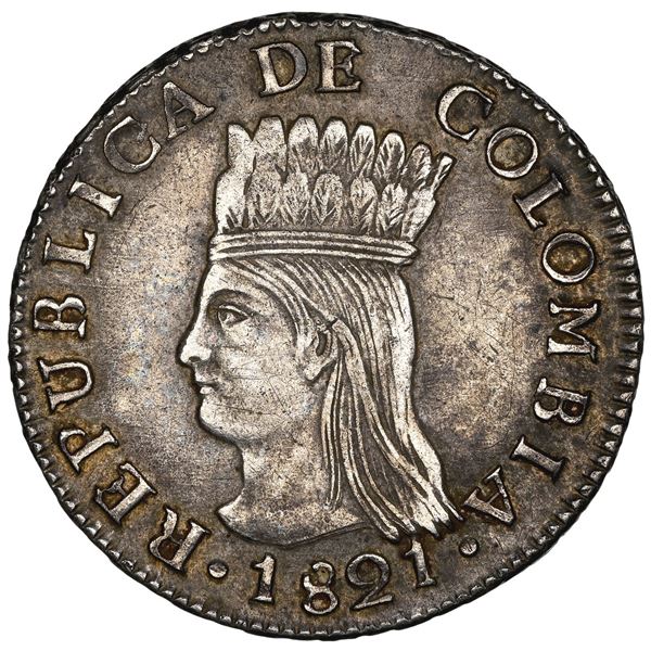 Bogota, Colombia, 2 reales, 1821 JF, Cundinamarca, no BA, stars on reverse, very rare, NGC AU 55, fi