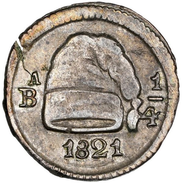 Bogota, Colombia, 1/4 real, 1821, mintmark BA (no dot), NGC AU 53.