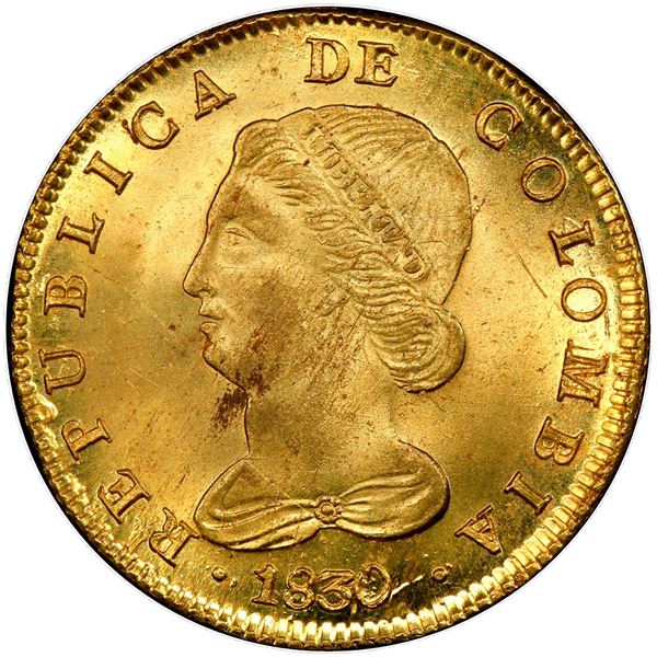 Bogota, Colombia, gold 8 escudos, 1830 R.S, PCGS MS63.