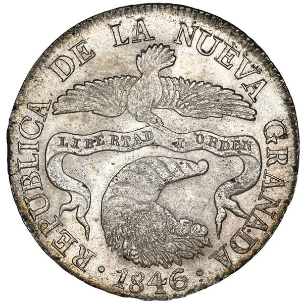 Bogota, Colombia, 8 reales, 1846 R.S., NGC MS 64, finest known in the NGC census.