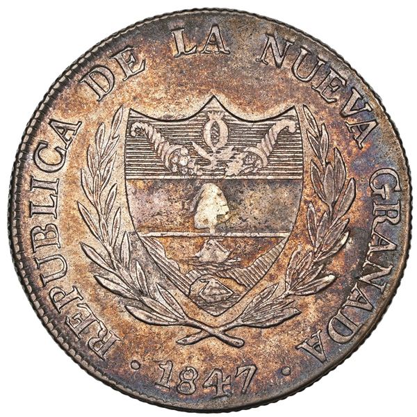 Bogota, Colombia, 8 reales, 1847, small diameter, NGC AU 53.