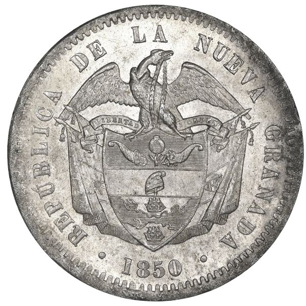 Bogota, Colombia, 10 reales, 1850, NGC MS 65+, finest known in the NGC census.