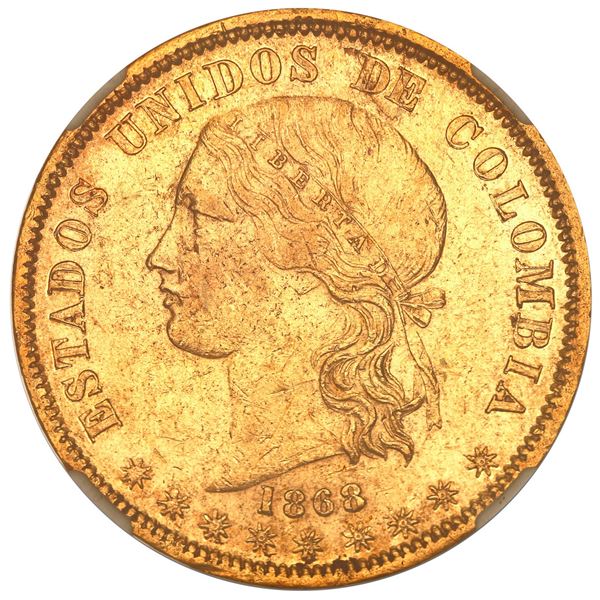 Bogota, Colombia, gold 20 pesos, 1868, NGC AU 55.