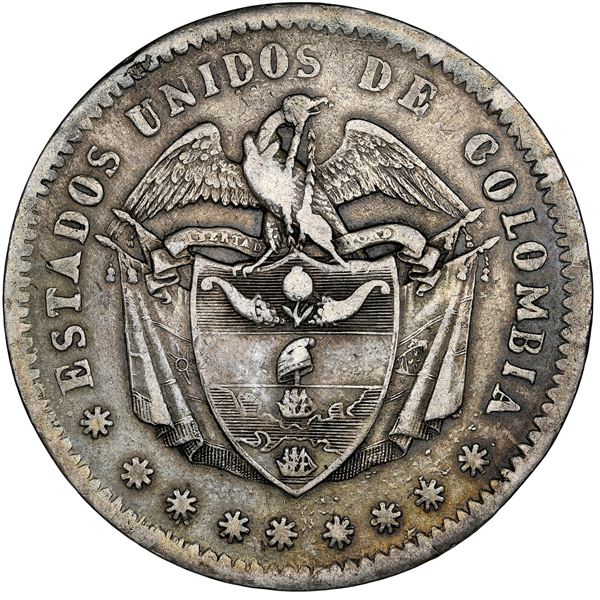 Popayan, Colombia, 1 peso, 1863, very rare, NGC XF details / cleaned.