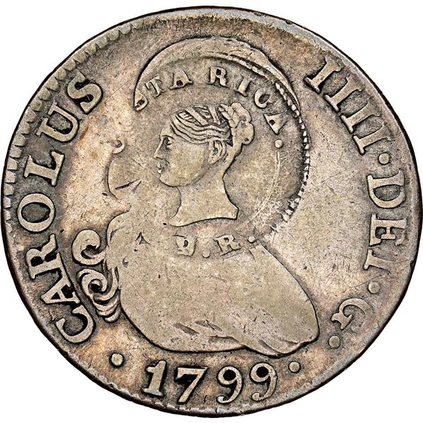 Costa Rica, 2 reales, female head / ceiba tree counterstamp (Type III, 1845) on a Madrid, Spain, bus