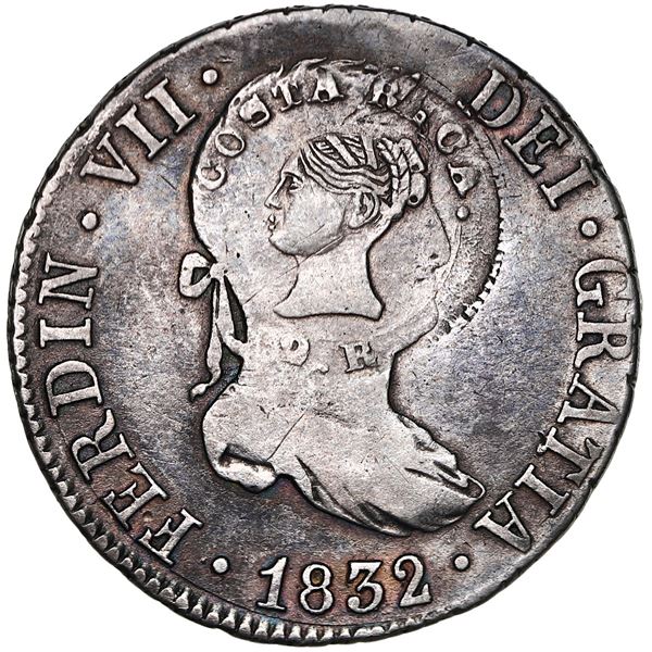 Costa Rica, 2 reales, female head / ceiba tree counterstamp (Type III, 1845) Seville, Spain, bust 2
