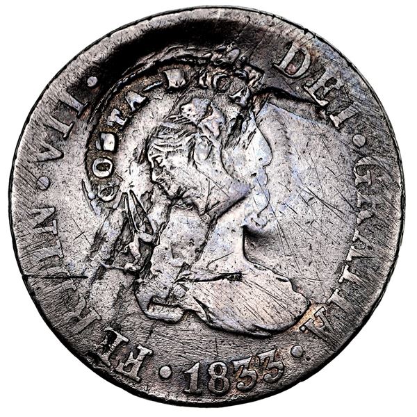 Costa Rica, 2 reales, female head / ceiba tree counterstamp (Type III, 1845) on a Seville, Spain, bu