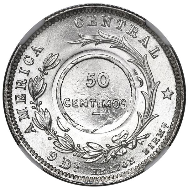 Costa Rica, 50 centimos, 1923 counterstamp (Type VIII) on a Costa Rica 25 centavos, 1893-HEATON, NGC