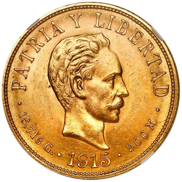 Cuba (struck at the Philadelphia Mint), gold 10 pesos, 1915, Jose Marti, NGC MS 61.