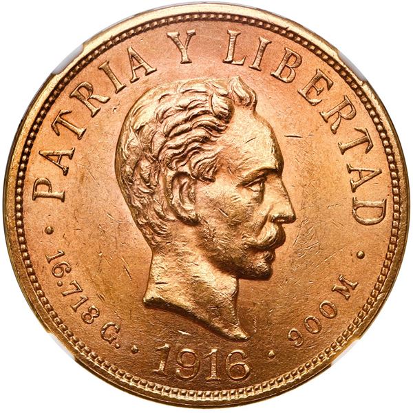 Cuba (struck at the Philadelphia Mint), gold 10 pesos, 1916, Jose Marti, NGC MS 61.