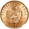 Image 2 : Cuba (struck at the Philadelphia Mint), gold 5 pesos, 1916, Jose Marti, NGC MS 62.
