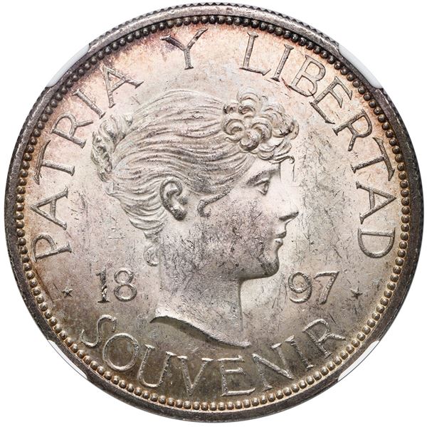 Cuba, "souvenir" peso, 1897, Type II (star below baseline of 97), NGC MS 61.