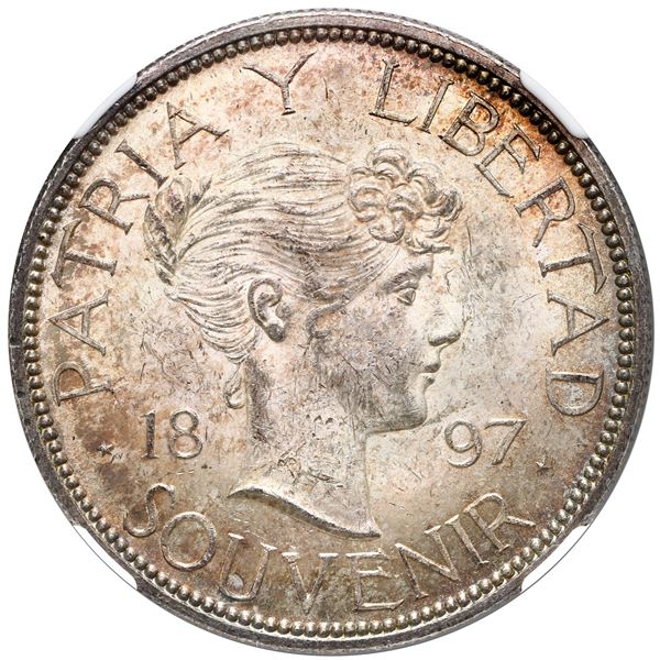 Cuba, "souvenir" peso, 1897, Type III (star above baseline of 97), NGC MS 62.