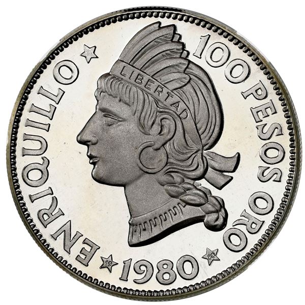 Dominican Republic, silver proof pattern 100 pesos (off-metal strike), 1980, Enriquillo, pillar doll