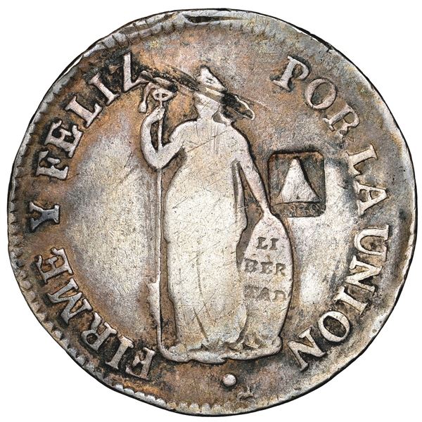El Salvador, 2 reales, 1839 volcano countermark (Type III) on a Lima, Peru, 2 reales, 1829 JM, rare,