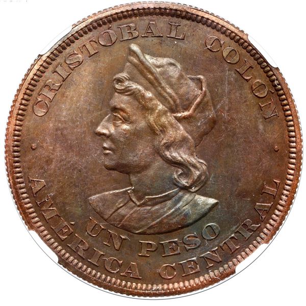 El Salvador, copper pattern 1 peso (off-metal strike), 1893 CAM, reeded edge, Columbus, NGC PF 62 Br