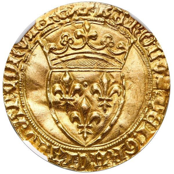 France, gold ecu d'or, Charles VI (1380-1422), no dots below letters, NGC MS 62.