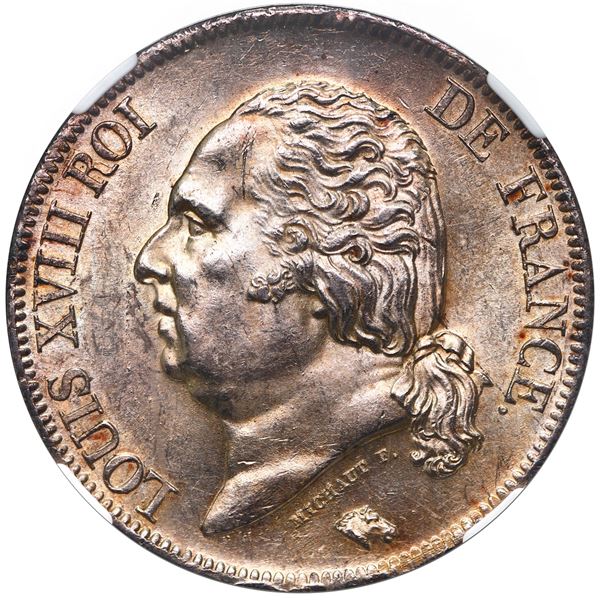 France (Paris mint), 5 francs, Louis XVIII, 1822-A, NGC MS 62.