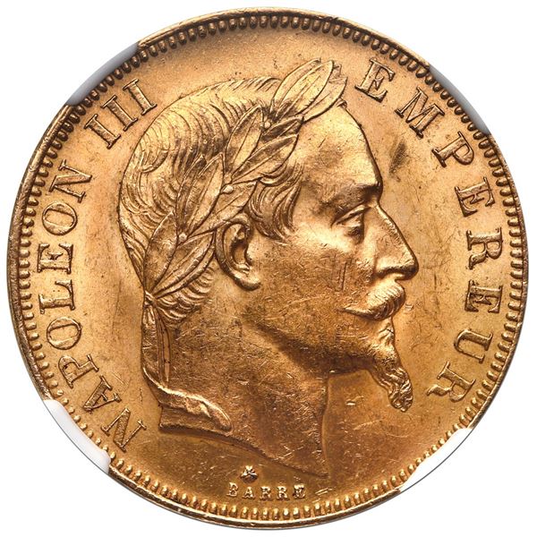 France (Paris mint), gold 50 francs, Napoleon III, 1865-A, NGC MS 62.