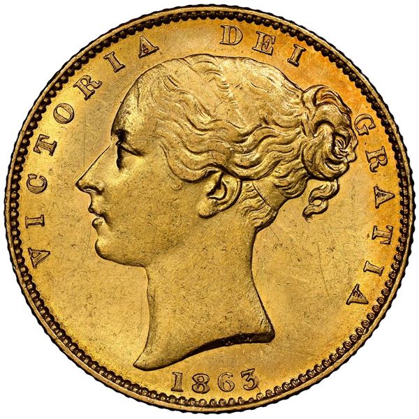 Great Britain (London, England), gold sovereign, Victoria (young head), 1863, NGC MS 61.