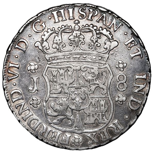 Guatemala, pillar 8 reales, Ferdinand VI, 1756 J, normal N in king's name, very rare.