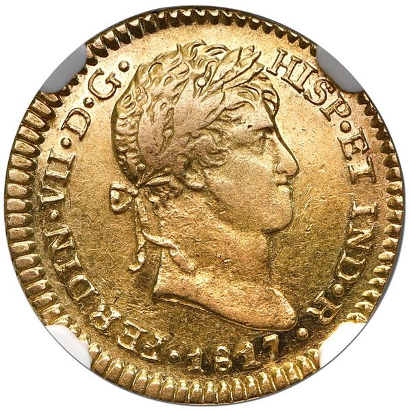 Guatemala, gold bust 1 escudo, Ferdinand VII, 1817 M, NGC AU 53.